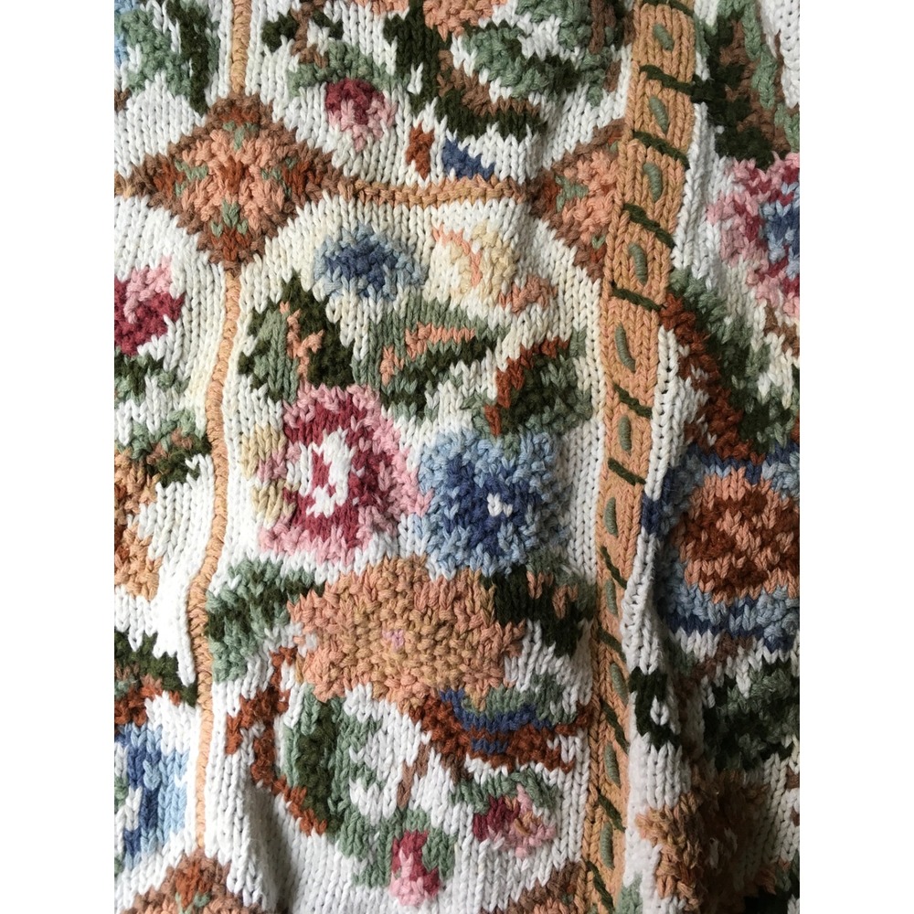 Cristal-Kobe Vintage Floral Tapestry Chunky Knit Sweater Petite Cream Multi 90s - Picture 5 of 14